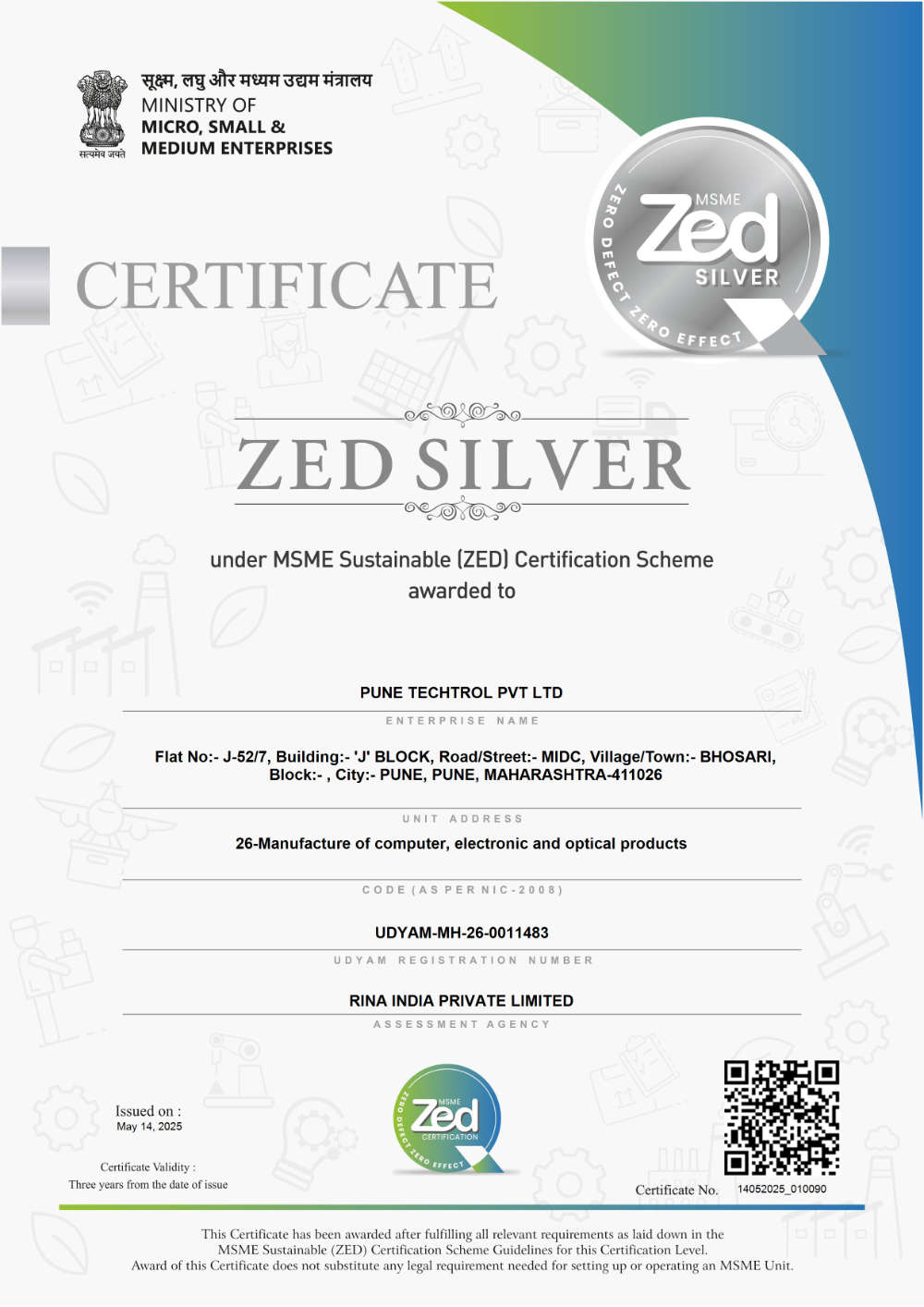Pune Techtrol Awarded Zed Silver under MSME Sustainable (ZED) Certification Scheme